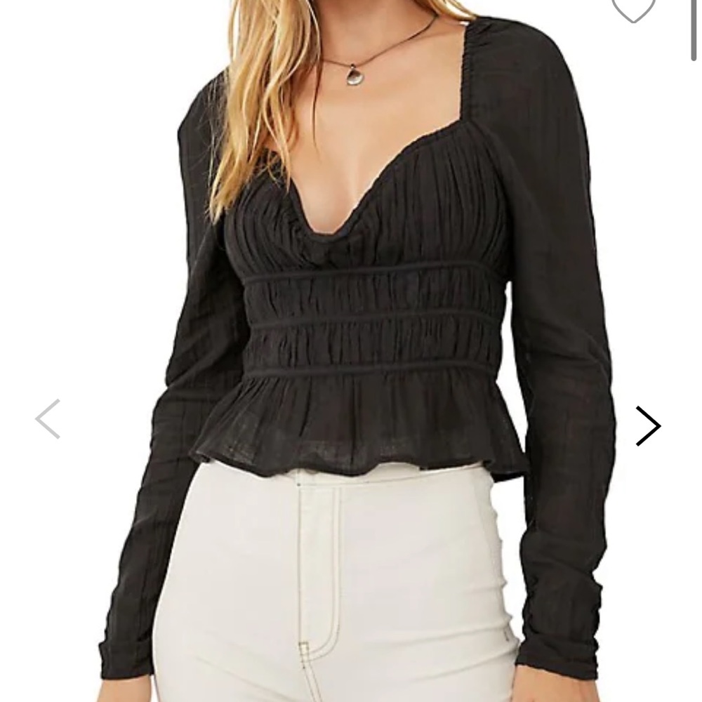 FREE PEOPLE Chloe Smocked Tie Neck Cotton Top BNWT BLACK